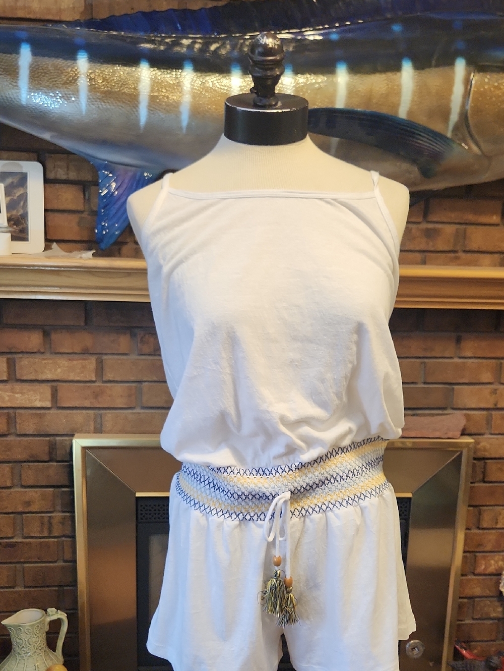 Soluna Swim White Smocked Waist Romper Cover Up Size M with Tassel Drawstring